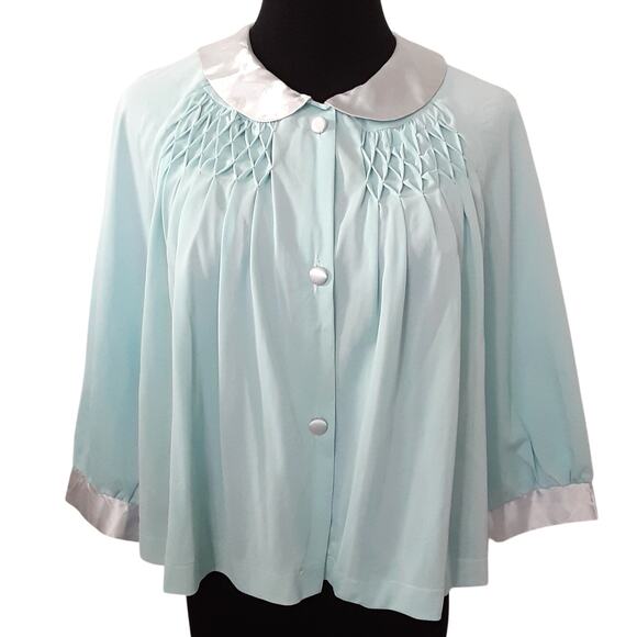 Vintage 50s/60s Nylon Bed Coat Blue Chiffon Bed Jacket Blue Peignoir Set Smocked - Picture 1 of 12